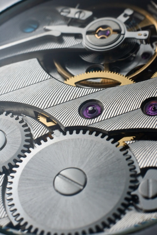 Close-up of a mechanical watch movement